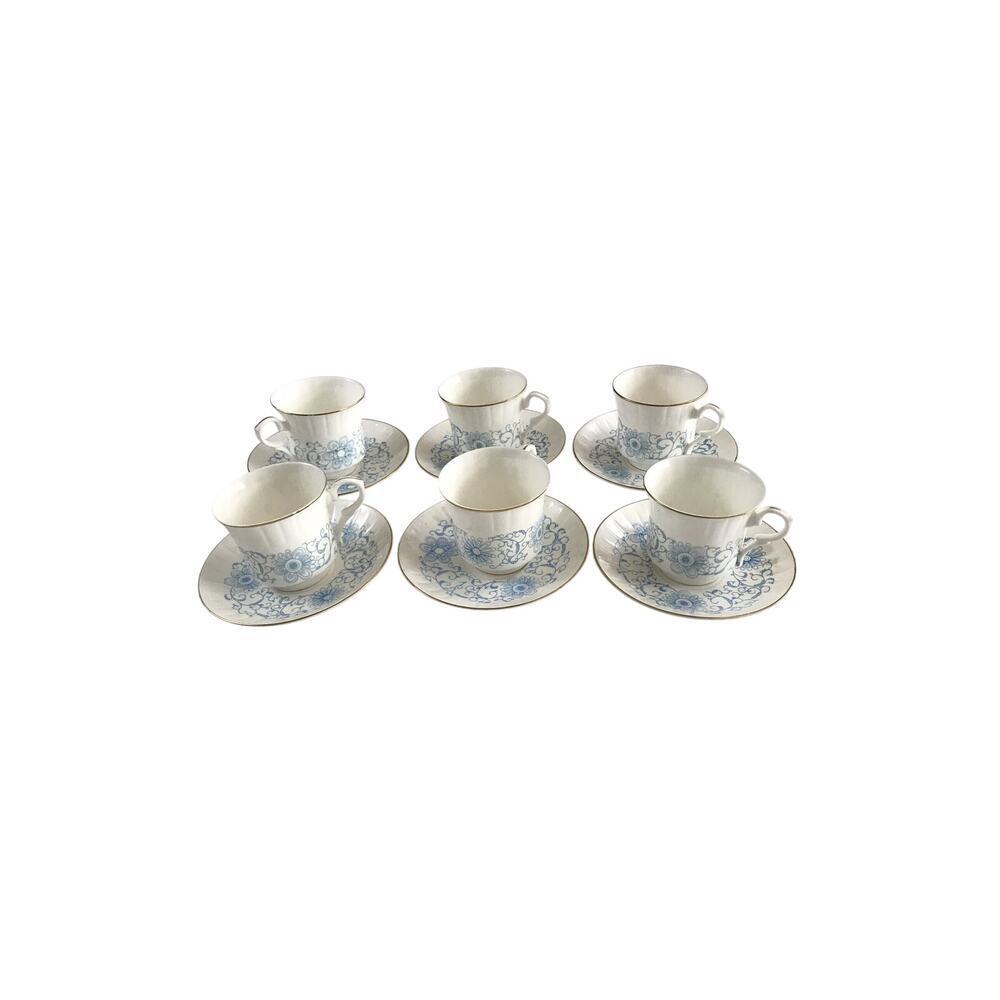 Blue Floral Tea Set Russian Cups Saucers KU 6 Pairs / 12pc Gilt Rims Vintage